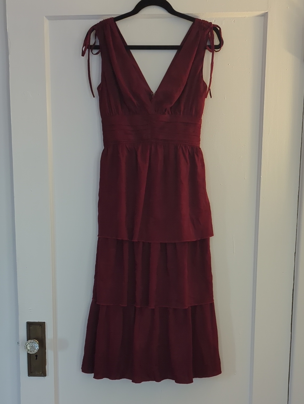Greylin Burgundy Tiered V-Neck Tie-Shoulder Dress